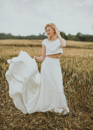 Two Piece Ivory Satin Minimalist Wedding Dress